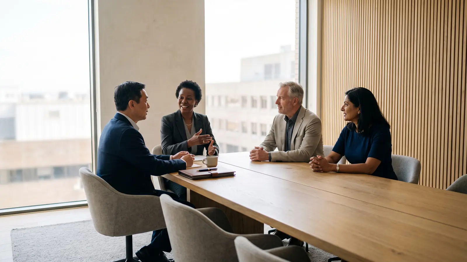 Senior leaders reviewing the numbers in a calm Los Angeles boardroom