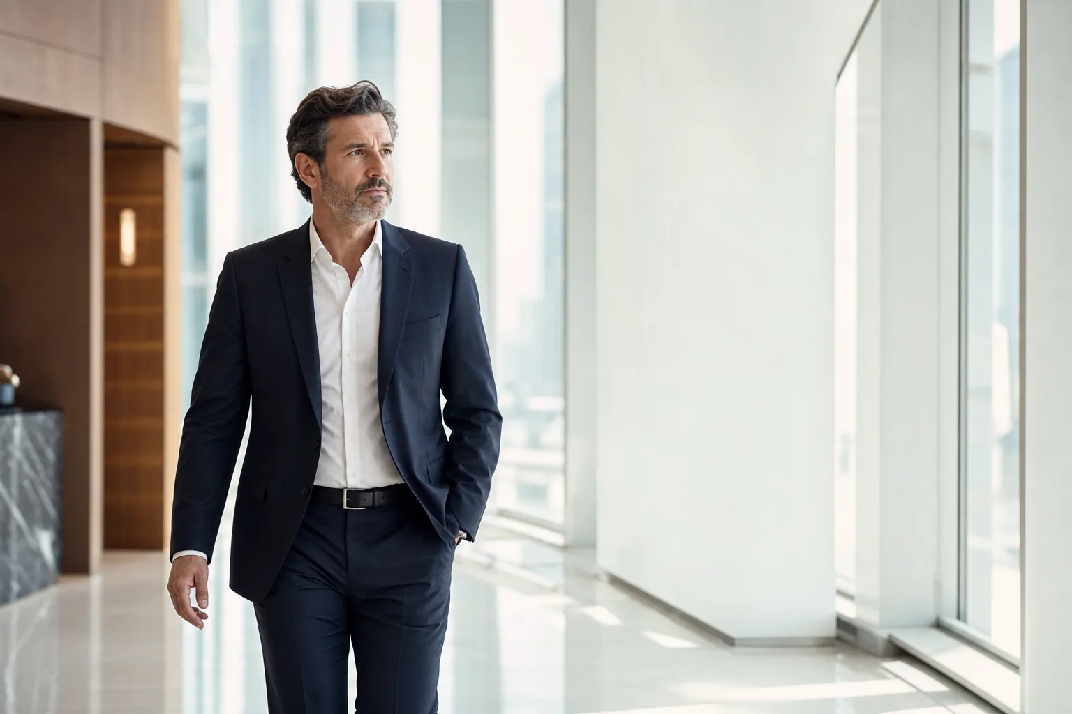 A senior COO reviewing the work in a calm Los Angeles boardroom