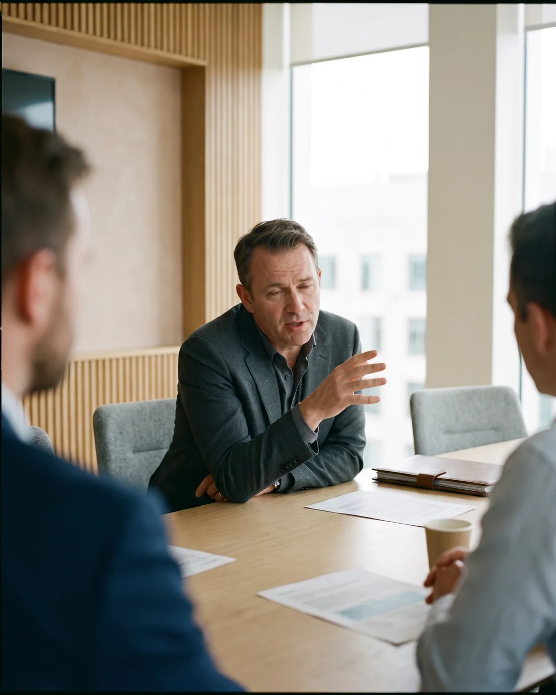 A senior CRO reviewing the work in a calm Los Angeles boardroom