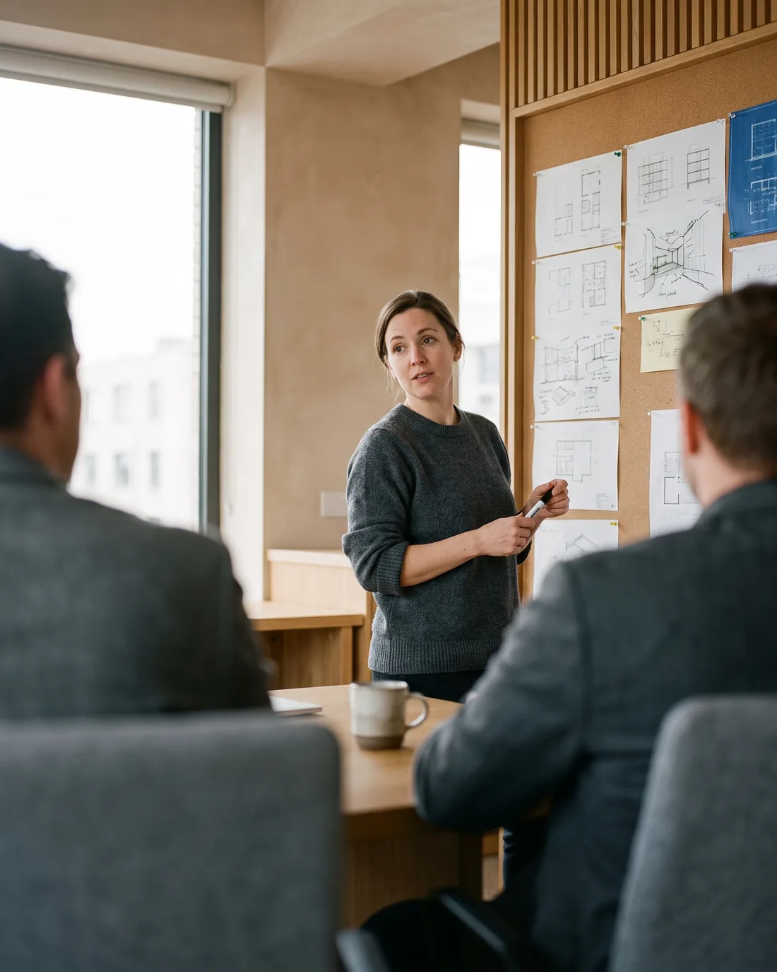 A senior CTO reviewing the work in a calm Los Angeles boardroom